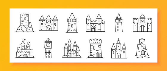 Medieval castle architecture set icon. Line icons depict stone towers, fortress walls, gate entrances, tall turrets, clock tower, ruined structure, fortified buildings with varied shapes © Кирилл Макаров
