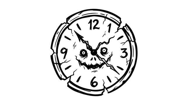 Cracked alarm clock with spooky face.