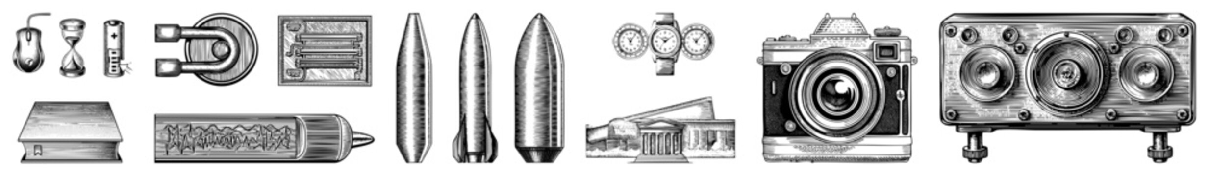 This detailed etching set includes an old school shutterbug camera, classic timepiece, and various curiosities. Discover intricate work on an hourglass, bullets, and a vintage radio.