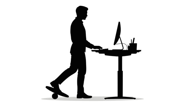 Silhouette of a man working at a standing desk with a computer and keyboard