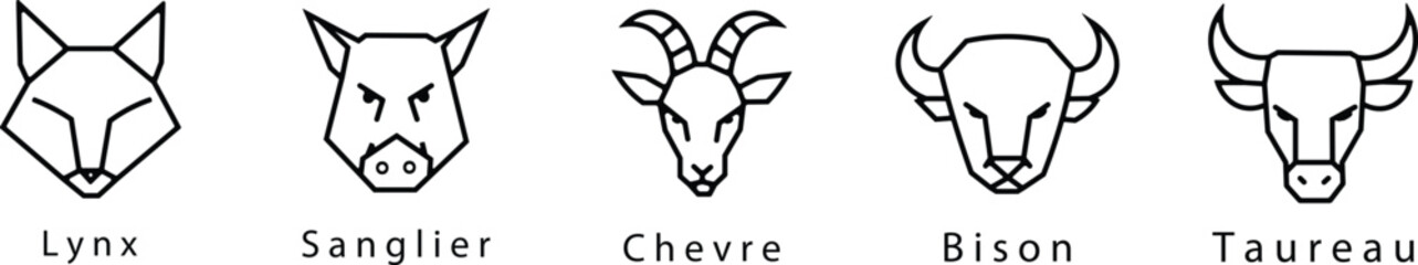 Geometric animal head icons featuring lynx sanglier chevre bison and taureau © Md