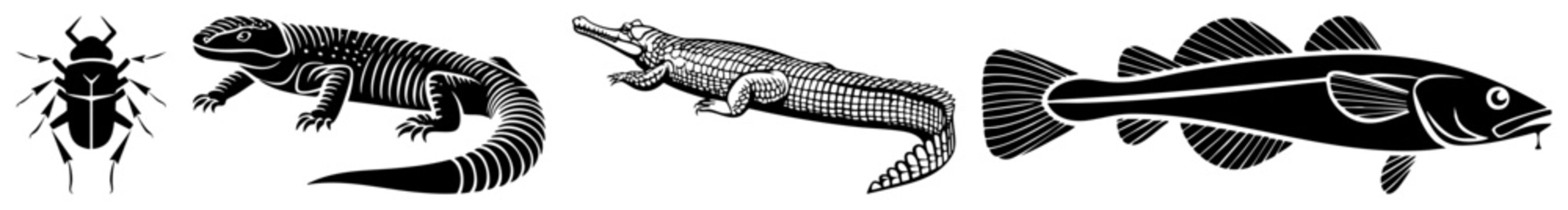 Diverse set of animal figures including a bug, a lizard, a crocodilian, and a fish. These wild critters and scaled feature high contrast for versatile design work.