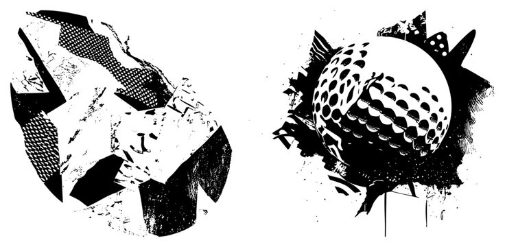 Distressed golf ball, often called a dimpled sphere or whitey, sits alongside jagged abstract. This stencil style graphic features heavy halftone textures and rough edges.