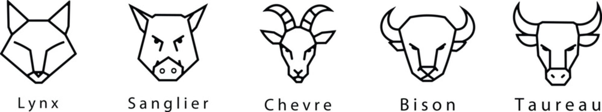 Geometric animal head icons featuring lynx sanglier chevre bison and taureau