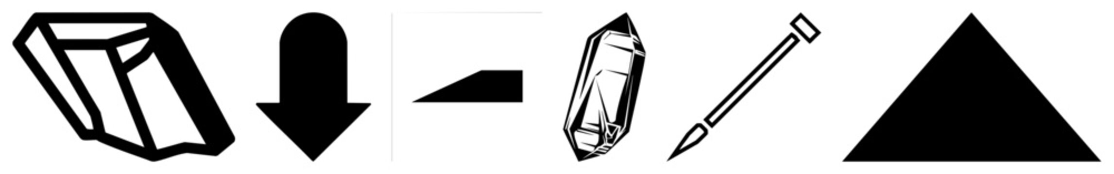 Collection of stark black elements featuring a sharp crystal, a heavy downward arrow, and a rugged mineral chunk. These geometric pieces and stone bits offer clean silhouettes.