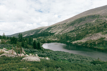 Naklejka premium Wide landscape view of Karakol Lakes, Altai Republic, Russia, showing calm mountain water, rocky slopes, conifer forest and tundra vegetation under overcast sky