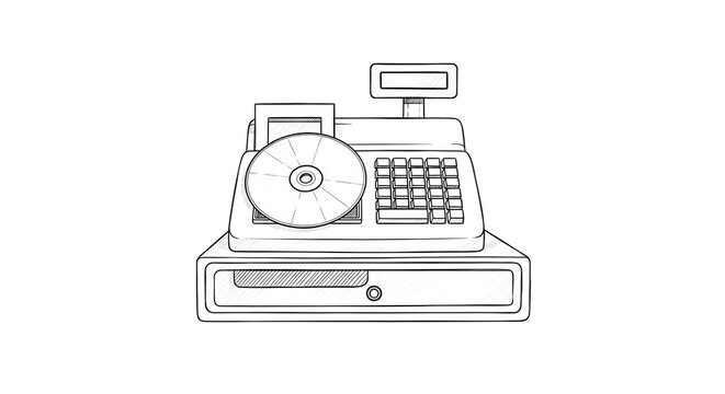 Vintage cash register with compact disc illustration outline.