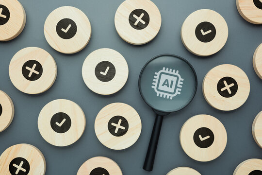 Magnifying glass highlighting an AI symbol among correct and incorrect marks, representing AI fact checking, accuracy evaluation, content verification, human oversight, and responsible AI use