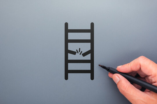 Hand drawing a solution for a broken step on a ladder, representing career growth challenges, obstacles to progress, problem solving, resilience, and overcoming barriers on the path to success