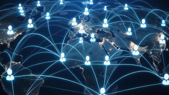 Glowing digital world map with interconnected icons and radiant lines, symbolizing global communication, networking, technological unity, and digital transformation