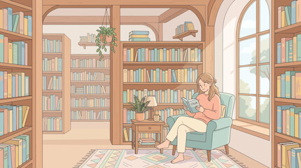 Woman reading in a cozy library with bookshelves © Ambon
