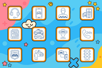 Fototapeta premium Taxi service set icon. Headset, mobile app, driver, booking, meter, fleet, location, call support, badge, passenger, payment, traffic light, transport, ride, urban mobility, navigation