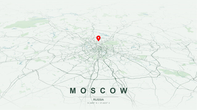 Modern minimalist vector map of Moscow, Russia. High-quality scalable illustration of Moscow city grid, Moskva River curves, and concentric ring highway networks for posters design.