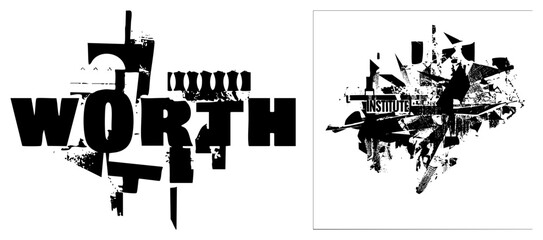 Obraz premium This edgy typographic piece features the word WORTH presented as a brutalist letterform composition. The distressed lettering and ink splatter textures create a raw, urban collage style.