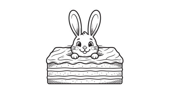 Rabbit Peeking From a Stacked Cake Slice Drawing, Cute Character Illustration with Frosting and Layered Sponge Texture