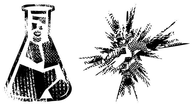 This distressed Erlenmeyer flask and science beaker burst features a heavy halftone texture. A chaotic chemical blast or lab explosion erupts next to the broken glassware in a vintage stencil style.