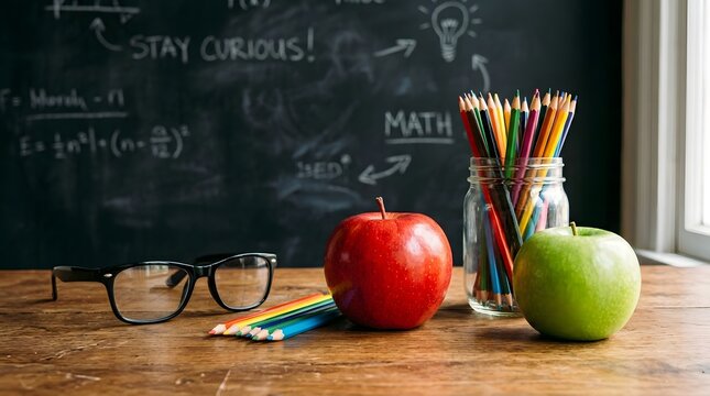 Back to school still life apples glasses and chalkboard with equations