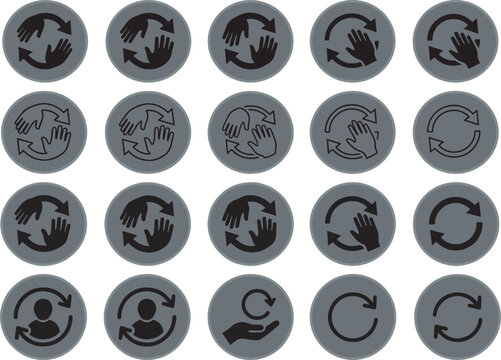 Human hand and user profile rotation vector icon set featuring circular refresh arrows inside grey buttons