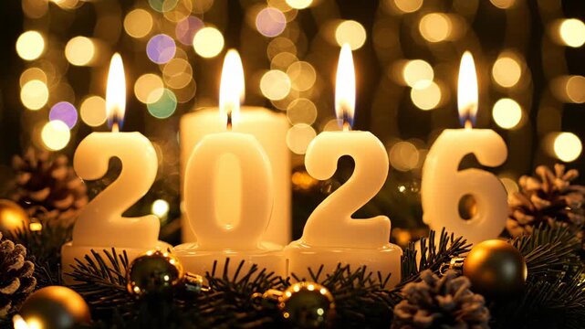 Festive White Pillar Candles Shaped as 2026 Burning on Pine Branch Wreath