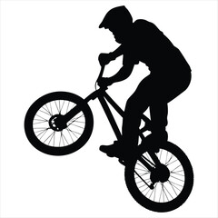 Obraz premium Mountain bike rider silhouette doing a wheelie, extreme cycling jump vector illustration isolated on white background