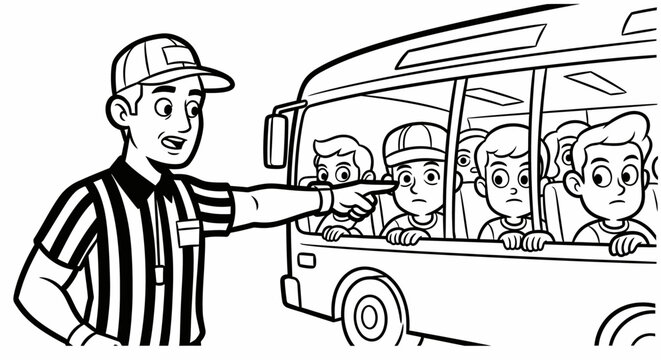 Referee instructing young athletes inside a bus.