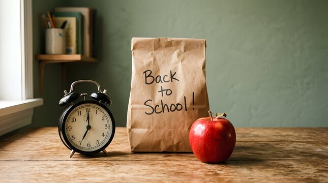 Back to school still life alarm clock lunch bag and apple on wooden desk