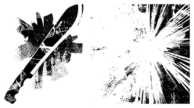 Gritty stencil of a combat blade or shank featuring heavy halftone textures. This sharp piece of steel, known as a tanto or dagger, sits against a chaotic radial explosion of ink splatters.
