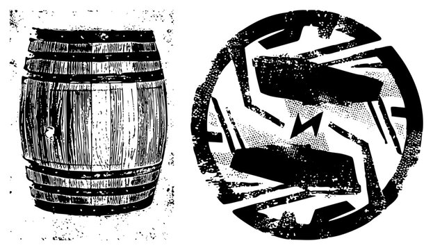 Rustic wooden cask and a weathered round badge featuring a lightning bolt. This barrel, also known as a keg or tun, pairs with a gritty circular insignia for a rugged aesthetic.