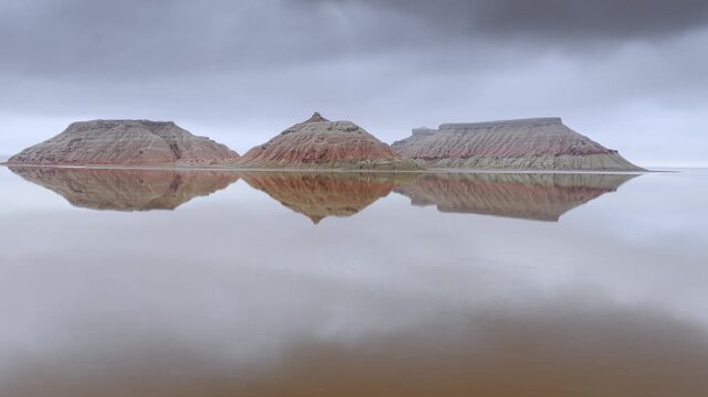 Aerial view of layered buttes reflecting in the still water of Karynzharyk depression under a cloudy sky Karakiya District, Mangystau Region, Kazakhstan.