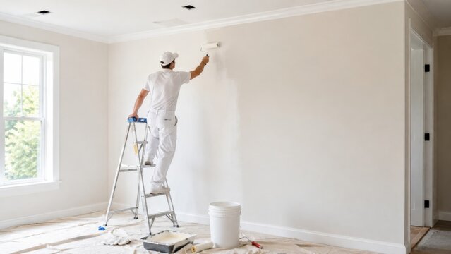 Professional Painter Applying Fresh White Paint To Interior Wall