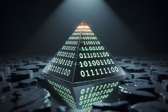Geometric pyramid structure illuminated with glowing binary code symbols on a textured surface