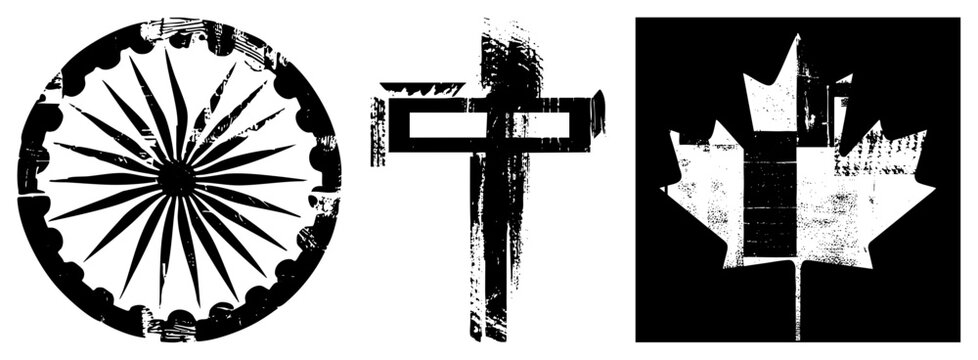 Collection of gritty black ink textures including a dharma wheel, a stylized crucifix, and a maple leaf. These weathered symbols use a heavy stencil aesthetic for a raw, punk look.