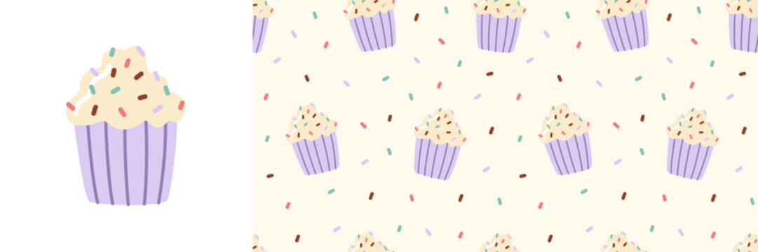 Sprinkles cupcake seamless pattern and isolated muffin icon set in naive doodle style. Childish delicious pastel vanilla dessert background for textiles packaging fabric stationery.