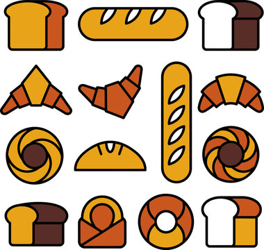 Various types of bread and pastries icons in different shapes and colors