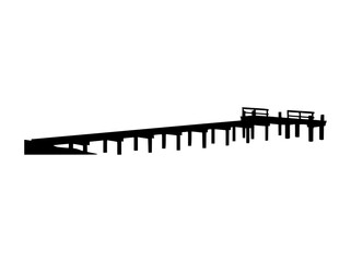 Fototapeta premium Black Silhouette of a Long Wooden Pier Isolated on White Background
