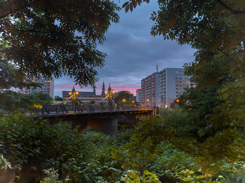 bridge over the mulde river with dome in zwickau at night
