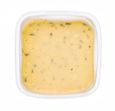 white wine sauce in plastic jar isolated on white background