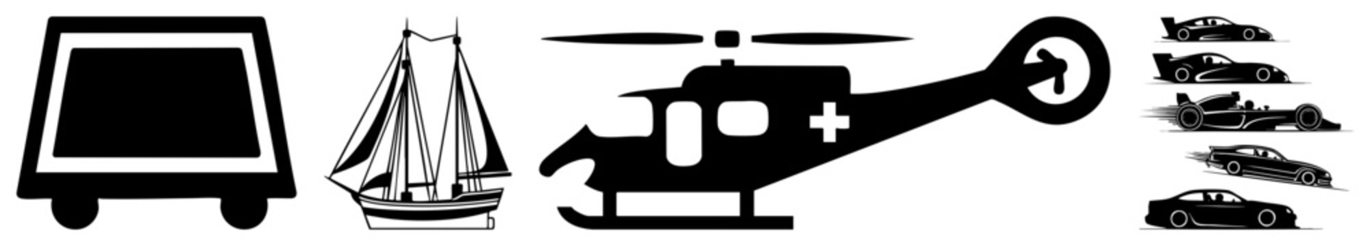 This diverse set features a heavy hauler, a sailing schooner, a medical chopper, and several speedy race. These silhouettes include a classic windjammer and a rescue bird for various projects.