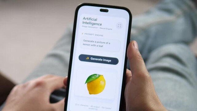 an AI image generation result on a smartphone. The interface shows the input prompt and the generated 4K lemon image below. Ideal for illustrating AI creativity, machine learning, and digital art