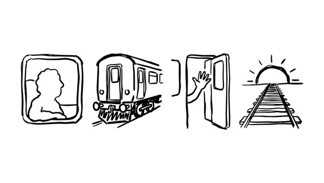 Railway travel doodle line collection with portrait frame, train, open door, and sunset tracks
