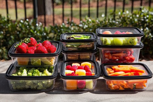 Colorful Assortment of Pre-cut Fresh Fruits and Vegetables in Transparent Meal Prep Containers Outdoors