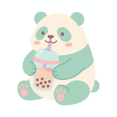 Fototapeta premium Cute cartoon panda enjoying a refreshing bubble tea drink.