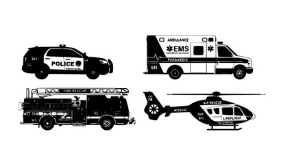 Emergency Service Vehicle Set with Police Car Ambulance Fire Truck and Helicopter Vector Illustration © Ezaz