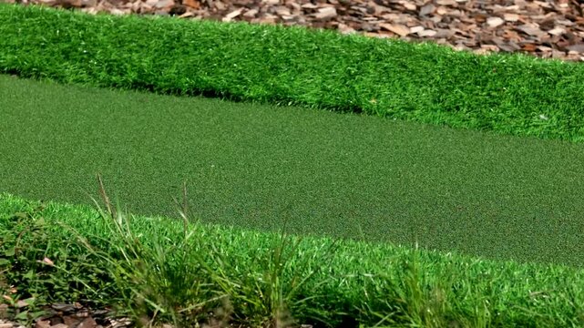 Miniature golf course. Artificial grass edging with natural grass and bark mulch