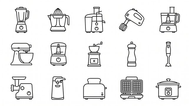 Outlined kitchen appliance icons featuring blenders, mixers, grinders, kettles, toasters, cookers, minimal monochrome style, organized culinary tools, modern design.