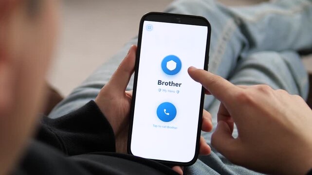 a user viewing a contact screen for a family member. The interface features a clean design with a My Hero subtitle and a blue call button. Ideal for illustrating personal calling apps, UI design, and