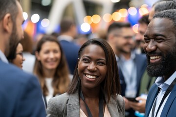Fototapeta premium Close Up of Happy Audience Listening to Startup Founder at Business Exhibition Event. Smiling Business Attendees Engaged in Startup Presentation at Trade Show Event
