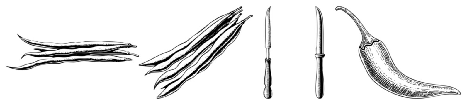 Detailed collection of spicy hot peppers, also known as chilies or pods, paired with slender paring knives. This etched set features rustic peppers and sharp blades for culinary themes.