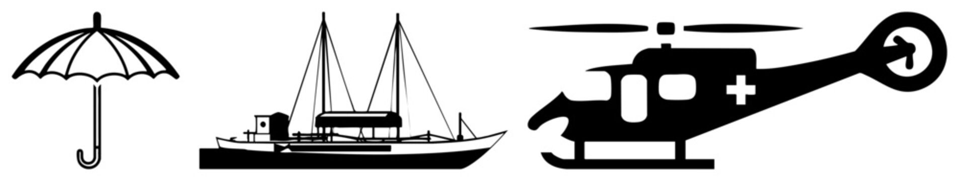 This graphic collection features a brolly, a fishing trawler, and a medevac chopper. Each is presented in a clean silhouette style, perfect for diverse professional design projects.