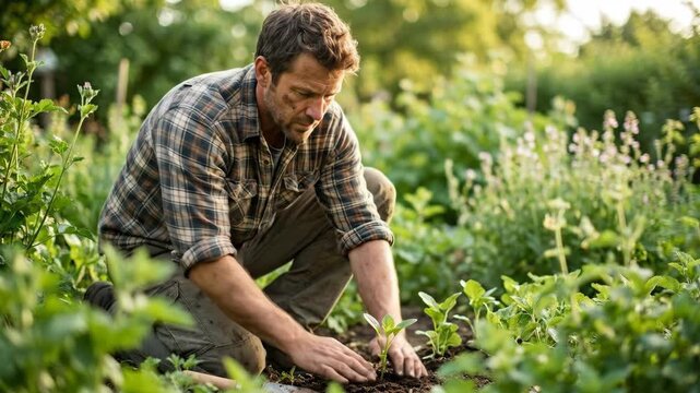 Gardener planting seedling in vegetable garden at sunset with trowel and soil, focused care in green organic garden